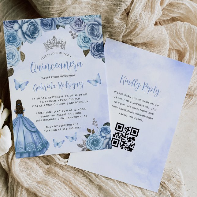 Blå Silver Blommig Akvarell QR-kod Quinceañera Inbjudningar (Skapare uppladdad)