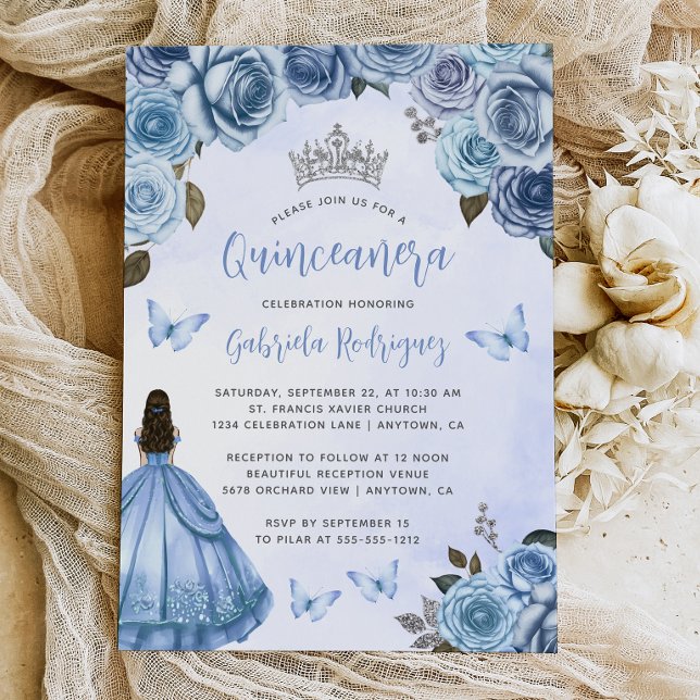 Blå Silver Blommig Akvarell Quinceañera Inbjudningar (Skapare uppladdad)