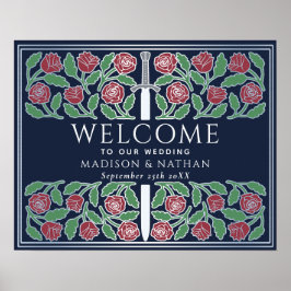 Blå Silver Blommig Kunglig Bröllops Välkomstskylt Poster