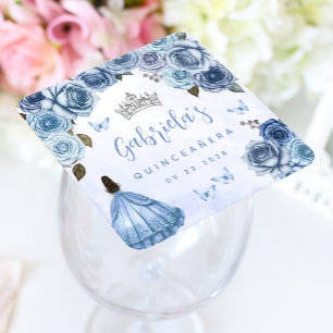Blå Silver Blommig Quinceañera-fest Underlägg Papper Kvadrat