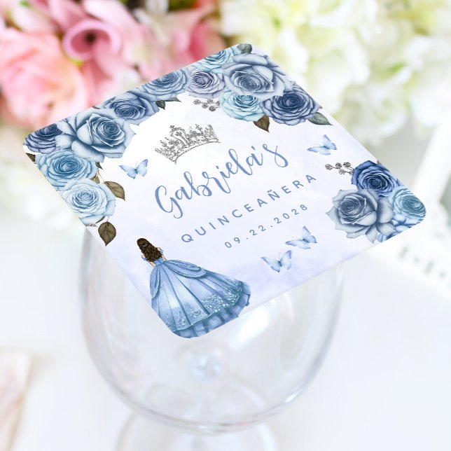 Blå Silver Blommig Quinceañera-fest Underlägg Papper Kvadrat (Skapare uppladdad)
