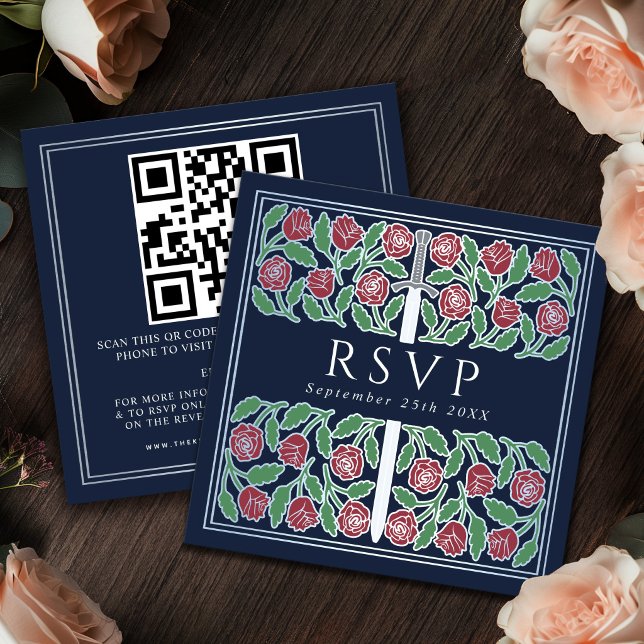 Blå Silver Blommig Royal Bröllop RSVP QR-kod  Tilläggskort (Skapare uppladdad)