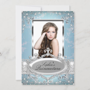 Blå Silver Blommig Vintage Glamour Quinceanera Inbjudningar