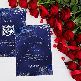 Blå silver-blommor QR-kod OSA bröllop Inbjudningar
