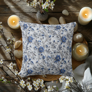 Blå Silver Botanisk Harmoni – Elegant Blommig Des Kudde