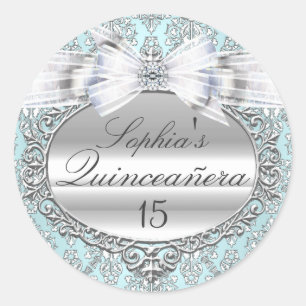Blå & Silver Bow Quinceanera-dekal Runt Klistermärke