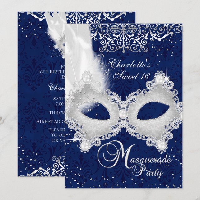 Blå Silver Damask Maskerad Inbjudan Sweet 16 (Fram/baksida)