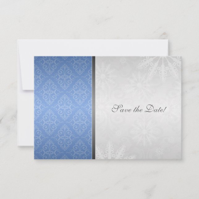 Blå Silver Damask med Snöflingor Spara Datumet (Framsida)