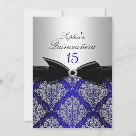 Blå & Silver Damask Quinceanera-kort Inbjudningar