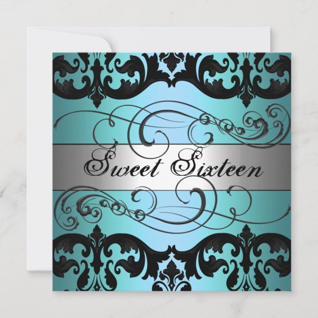 Blå & Silver Damask Sweet 16 Födelsedagsinbjudan Inbjudningar (Framsida)