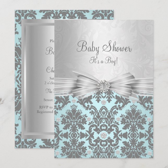 Blå & Silver Damast Bebis Shower Inbjudan (Fram/baksida)
