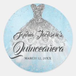 Blå Silver Diamant Glänsande Quinceanera Klänning Runt Klistermärke