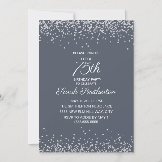Blå Silver Diamant Glitter 75-årsdag  Inbjudningar (Framsida)