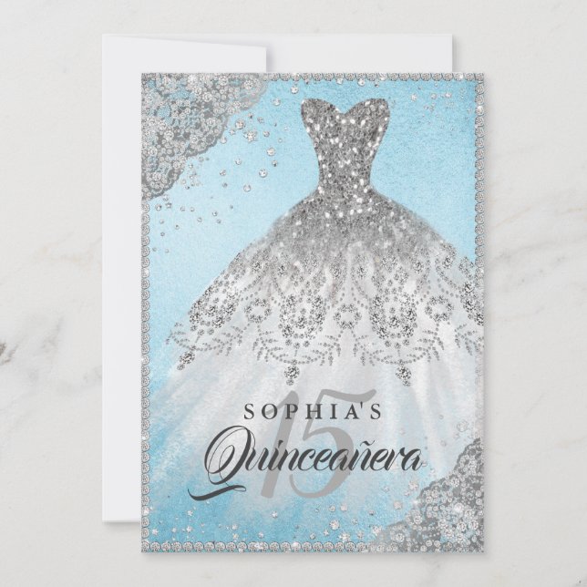 Blå Silver Diamant Spets Glitter Klänning Quincean Inbjudningar (Framsida)