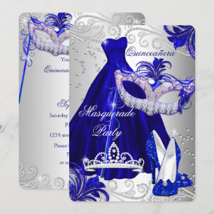 Blå & Silver Dräkt masquerade Quinceanera Inbjudan
