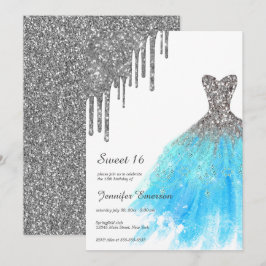 Blå Silver Dress Glitter-drivrutiner Sweet sixteen Inbjudningar
