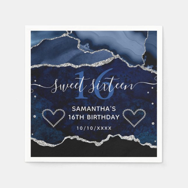 Blå & Silver Falsk Glitter Agat Marmor Sweet 16 Pappersservett (Framsidan)
