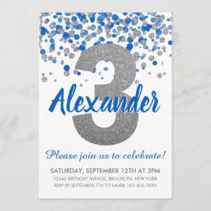 Blå Silver Glitter Confetti Boy, tredje födelsedag Inbjudningar
