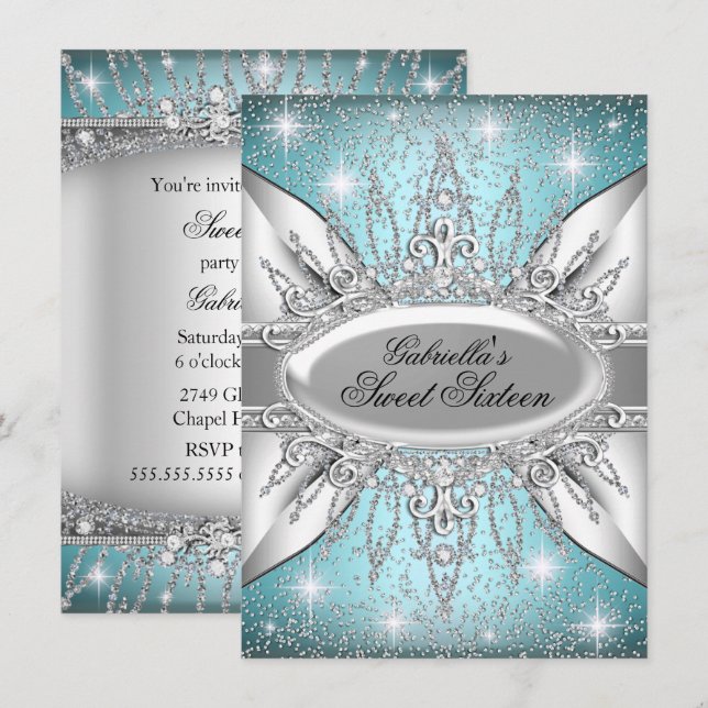 Blå & Silver Glitter Diamant Sweet 16 Inbjudan (Fram/baksida)