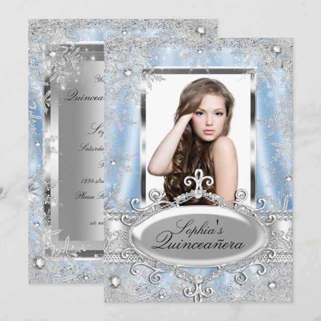 Blå Silver Glitter Juvel Snöflinga Quinceanera Inbjudningar (Fram/baksida)