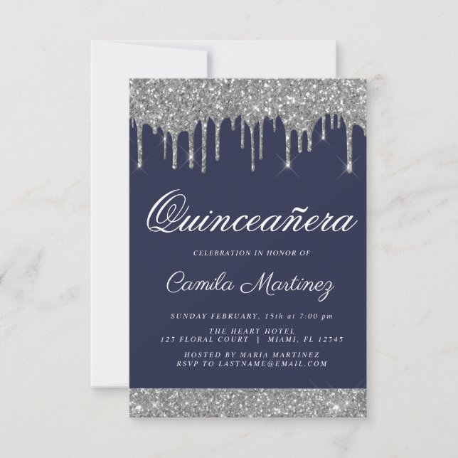 Blå Silver Glitter Quinceañera Firande Inbjudningar (Framsida)