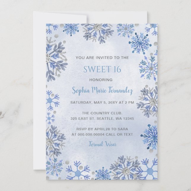 Blå Silver Glitter Snöflingor Vinter Sweet 16 Inbjudningar (Framsida)