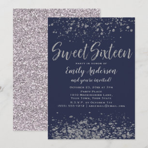 Blå Silver Glitter Sweet 16 Inbjudningar