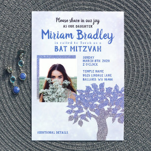 Blå & Silver Glitter Träd Bat Mitzvah-inbjudan Inbjudningar