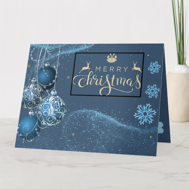 Blå & Silver God Jul Hälsningskort Vikbart Kort (Framsida)