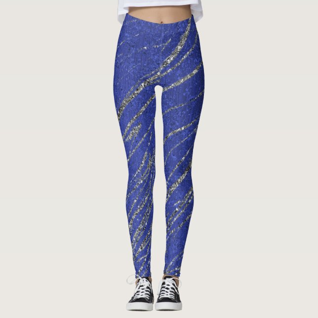 Blå & Silver Modern Glam Marmor Randig Festmeny Leggings (Framsida)