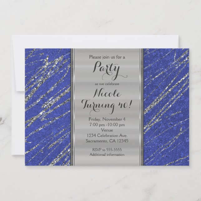 Blå & Silver Modern Glam Marmor Randig Inbjudan (Framsida)