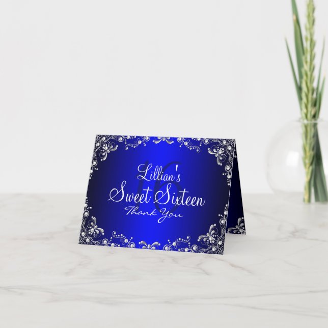 Blå Silver Pärl Damask Sweet 16 Tack Kort (Framsida)