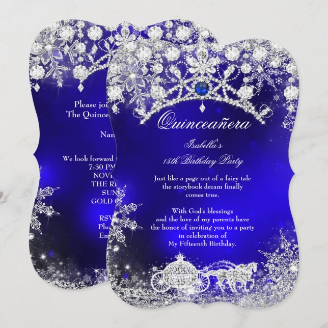 Blå silver Quinceanera 15:e Vinterundret Inbjudningar (Fram/baksida)