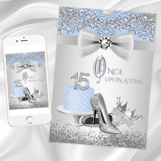 Blå Silver Quinceanera Furstinna Inbjudningar (Blue Silver Quinceanera Princess Invitations. Digital download and print files available.)
