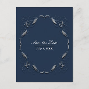 Blå & Silver Ram Elegant Bröllop Save the Date Meddelande Vykort