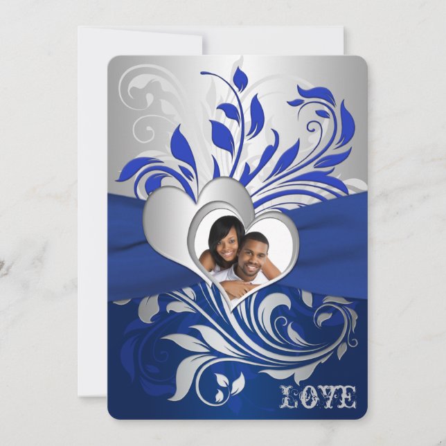 Blå, Silver Scrollsar, Hearts Photo Wedding bjudan Inbjudningar (Framsida)