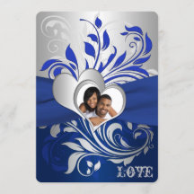 Blå, Silver Scrollsar, Hearts Photo Wedding bjudan