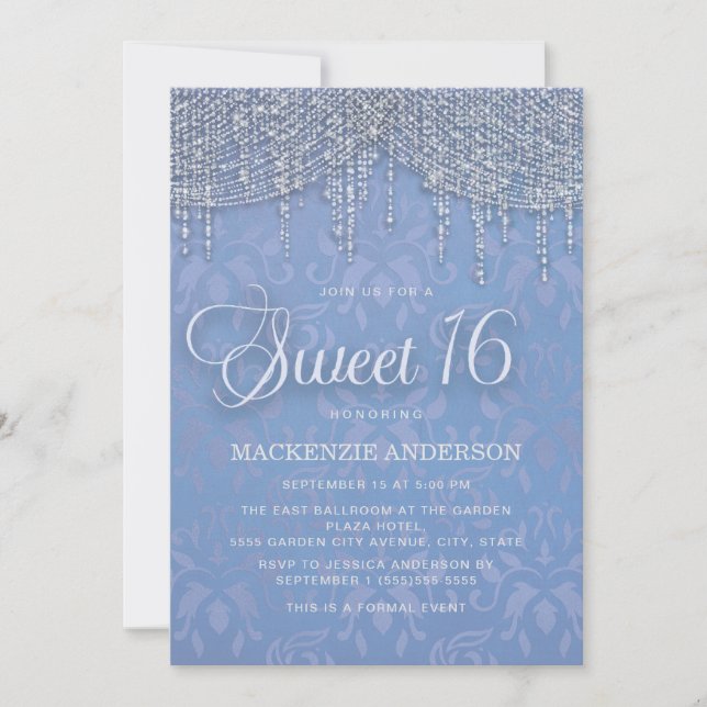 Blå Silver String Ljus Damask Sweet 16 Inbjudningar (Framsida)