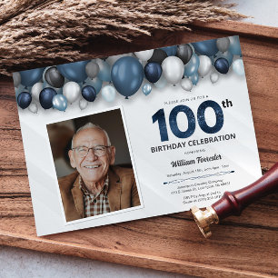 Blå Silver Svart & Vit 100-års födelsedagsfoto Inbjudningar