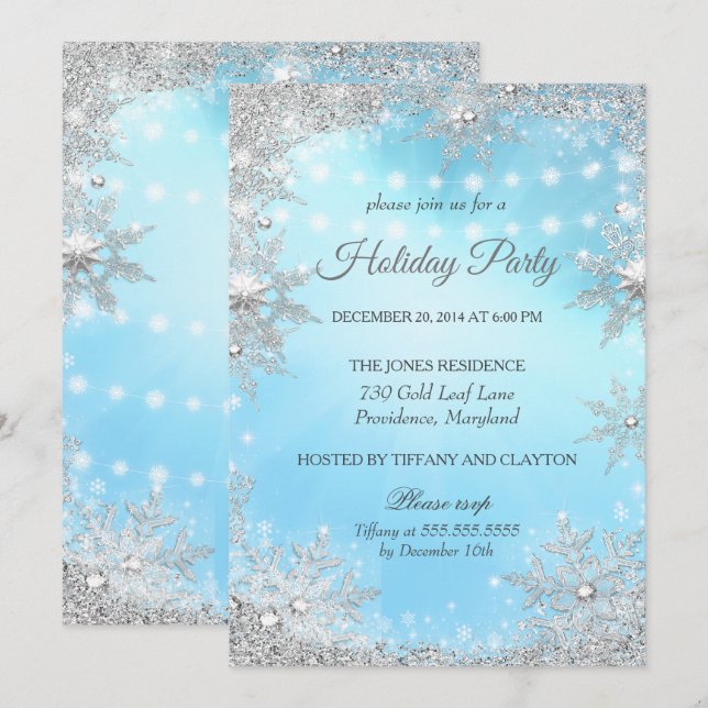 Blå Silver Vinter Jul Holidayfest Inbjudningar (Fram/baksida)