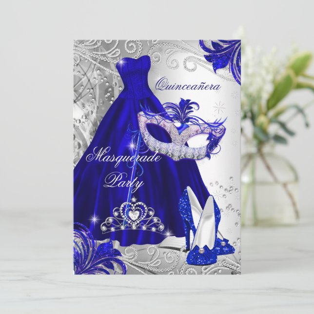 Blå Silverklänning masquerade Quinceanera Tiara Inbjudningar (Stående Fram)