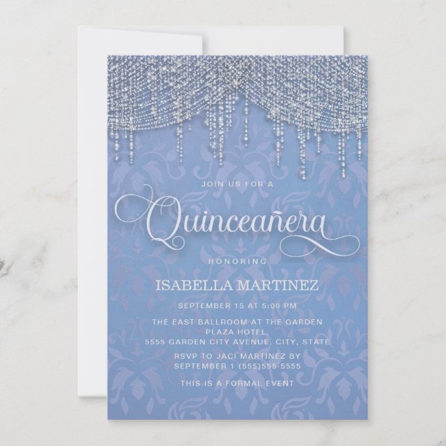 Blå Silversträngljus Damask Quinceañera Inbjudningar (Framsida)