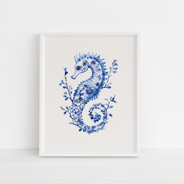 Blå sjöhäst - Kustblått på Beige Wall Art Poster