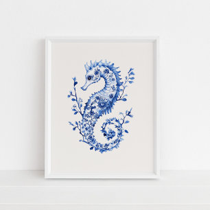 Blå sjöhäst - Kustblått på Beige Wall Art Poster