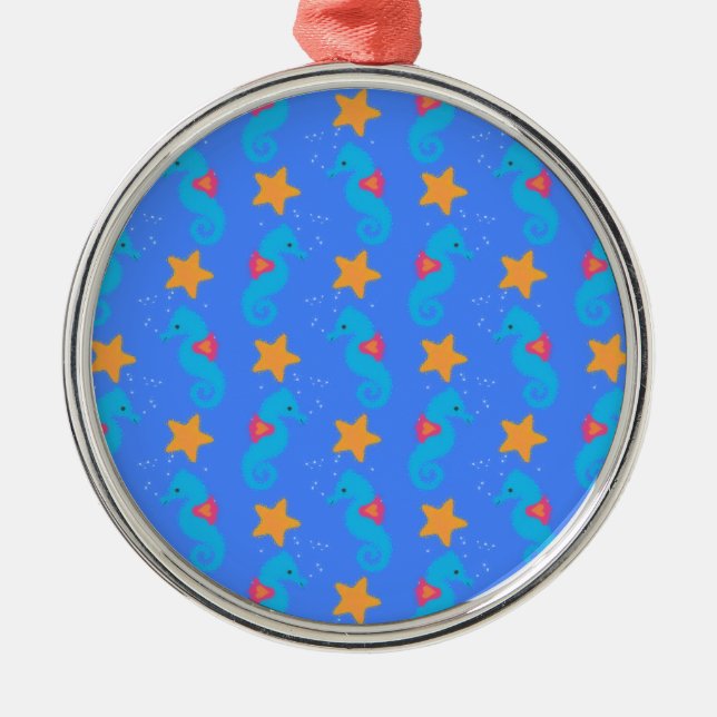 Blå sjöhästar och Starfish Mönster Julgransprydnad Metall (Framsidan)
