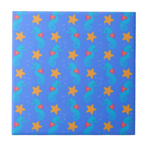 Blå sjöhästar och Starfish Mönster Kakelplatta