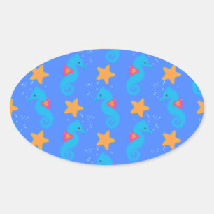 Blå sjöhästar och Starfish Mönster Ovalt Klistermärke