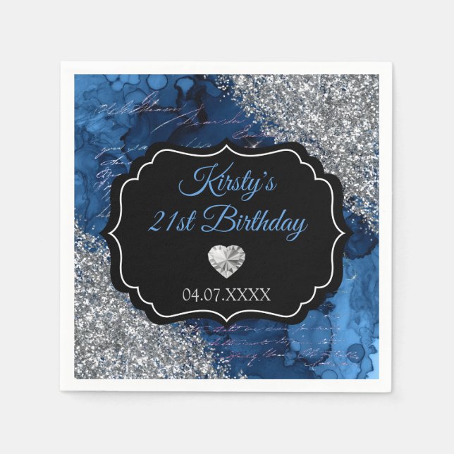 Blå sjöjungfru bokstäver Silver glitter födelsedag Pappersservett (Framsidan)