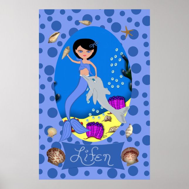 Blå Sjöjungfru och delfinutskrift Poster (Framsidan)