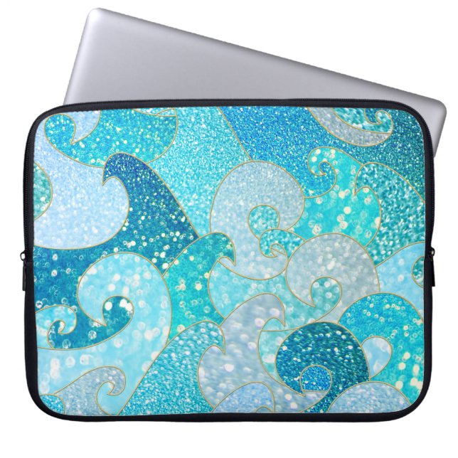 Blå Sjöjungfrun Faux Glitter-Teal-Guld Laptop Sleeve (Framsidan)